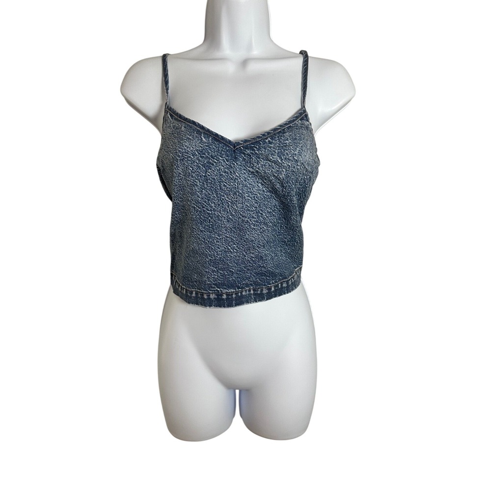 AE x Aerie Double Take Cropped Cami Tank Blue Denim Print Acid Wash Small